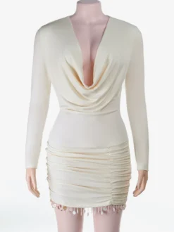 Robe mini froncée à col bénitier pour femme - Crème sexy manches longues franges moulante - Cocktail de printemps 2026