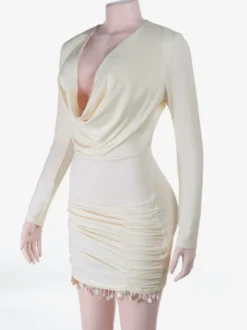 Robe mini froncée à col bénitier pour femme - Crème sexy manches longues franges moulante - Cocktail de printemps 2026