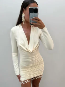 Robe mini froncée à col bénitier pour femme - Crème sexy manches longues franges moulante - Cocktail de printemps 2026