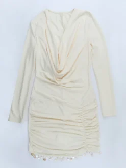 Robe mini froncée à col bénitier pour femme - Crème sexy manches longues franges moulante - Cocktail de printemps 2026