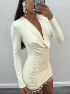Robe mini froncée à col bénitier pour femme - Crème sexy manches longues franges moulante - Cocktail de printemps 2026