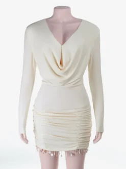 Robe mini froncée à col bénitier pour femme - Crème sexy manches longues franges moulante - Cocktail de printemps 2026