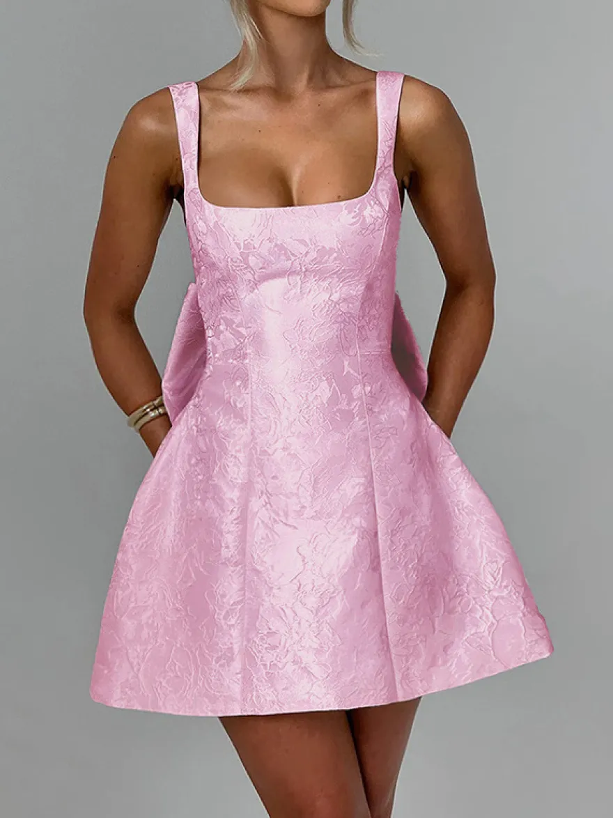 Robe mini Jacquard Coquette pour femme - Barbiecore avec grand nœud dans le dos sans manches coupe trapèze - Tenues de fête d'anniversaire d'été 2026