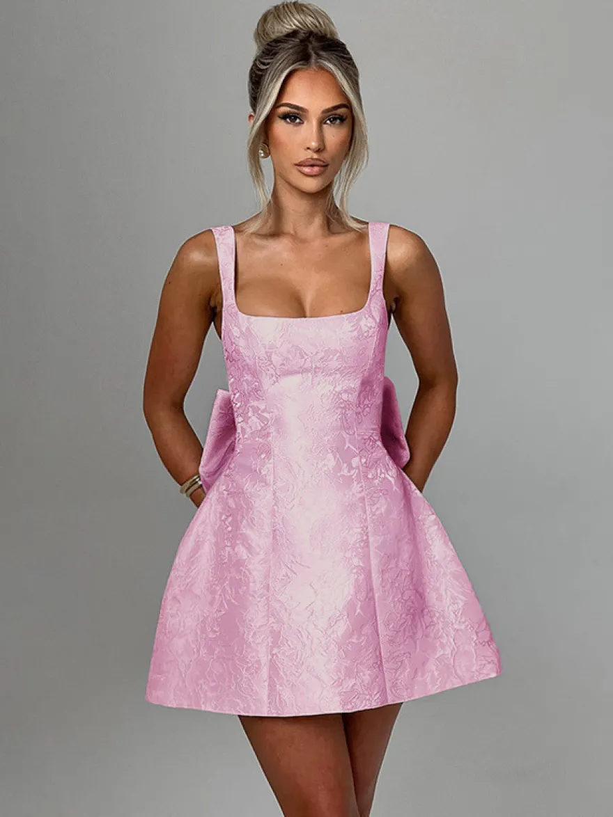 Robe mini Jacquard Coquette pour femme - Barbiecore avec grand nœud dans le dos sans manches coupe trapèze - Tenues de fête d'anniversaire d'été 2026