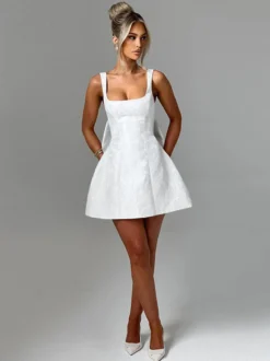 Robe mini Jacquard Coquette pour femme - Barbiecore avec grand nœud dans le dos sans manches coupe trapèze - Tenues de fête d'anniversaire d'été 2026