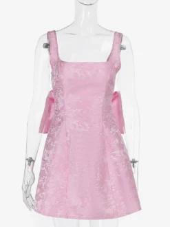 Robe mini Jacquard Coquette pour femme - Barbiecore avec grand nœud dans le dos sans manches coupe trapèze - Tenues de fête d'anniversaire d'été 2026