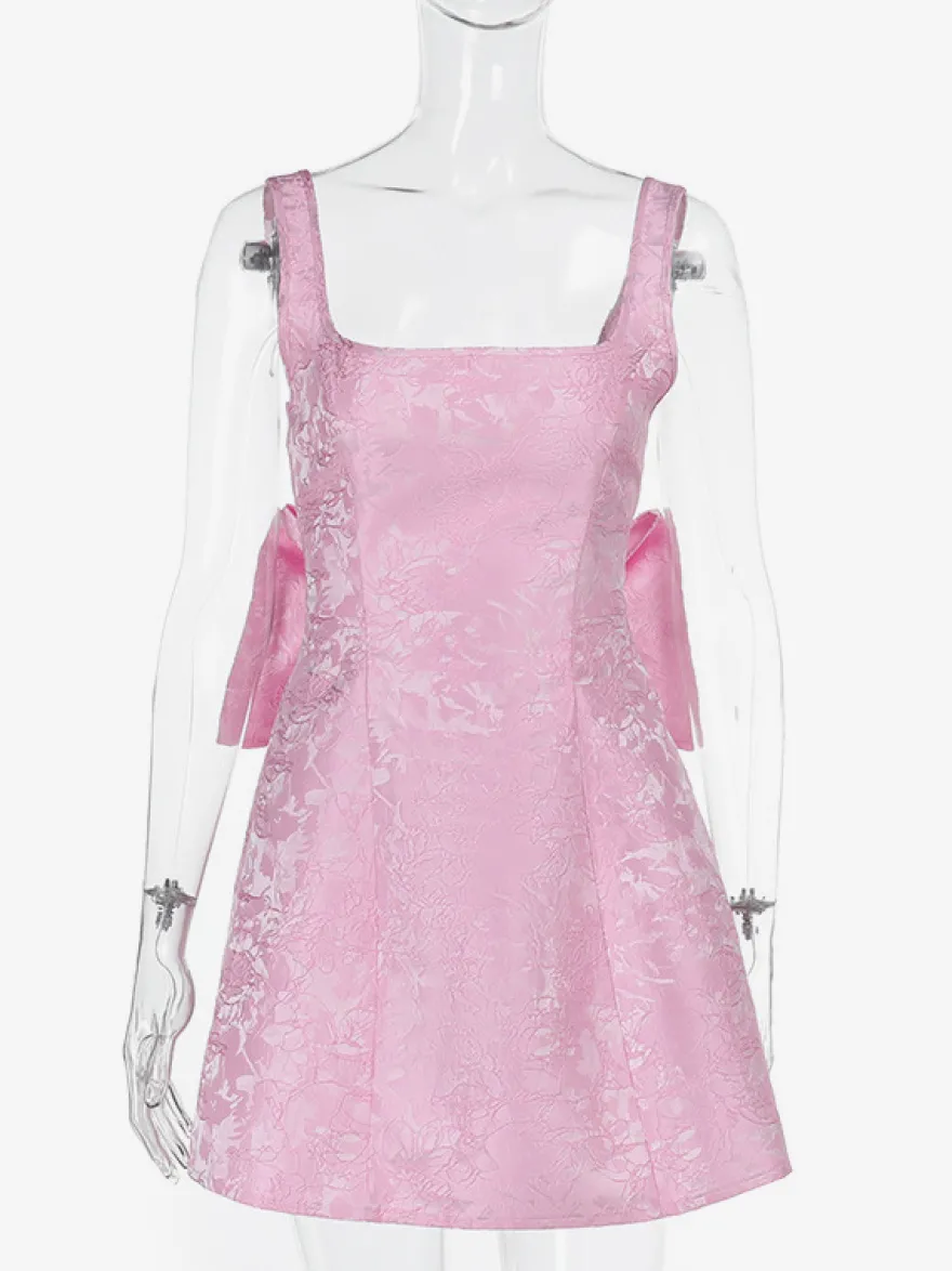 Robe mini Jacquard Coquette pour femme - Barbiecore avec grand nœud dans le dos sans manches coupe trapèze - Tenues de fête d'anniversaire d'été 2026