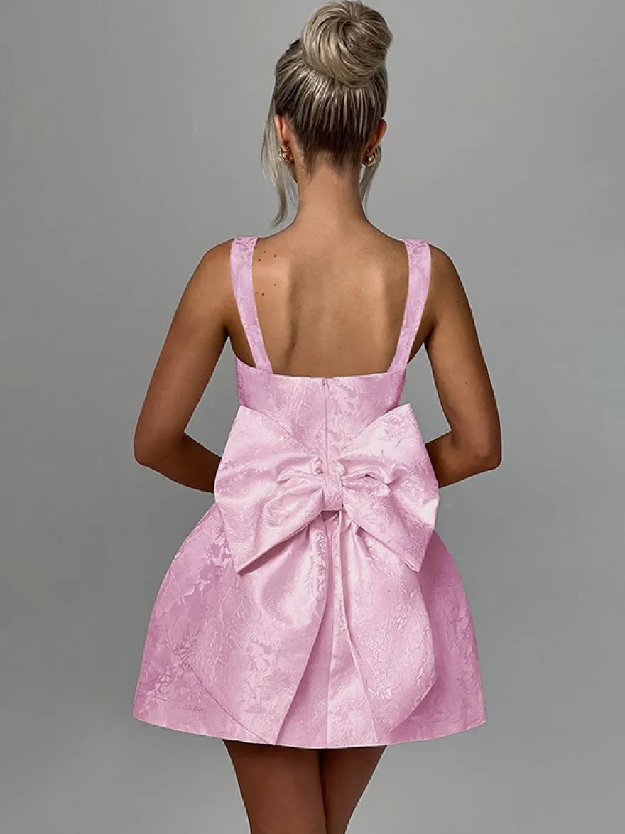 Robe mini Jacquard Coquette pour femme - Barbiecore avec grand nœud dans le dos sans manches coupe trapèze - Tenues de fête d'anniversaire d'été 2026