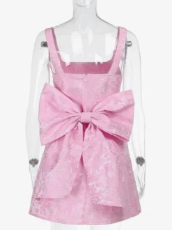 Robe mini Jacquard Coquette pour femme - Barbiecore avec grand nœud dans le dos sans manches coupe trapèze - Tenues de fête d'anniversaire d'été 2026