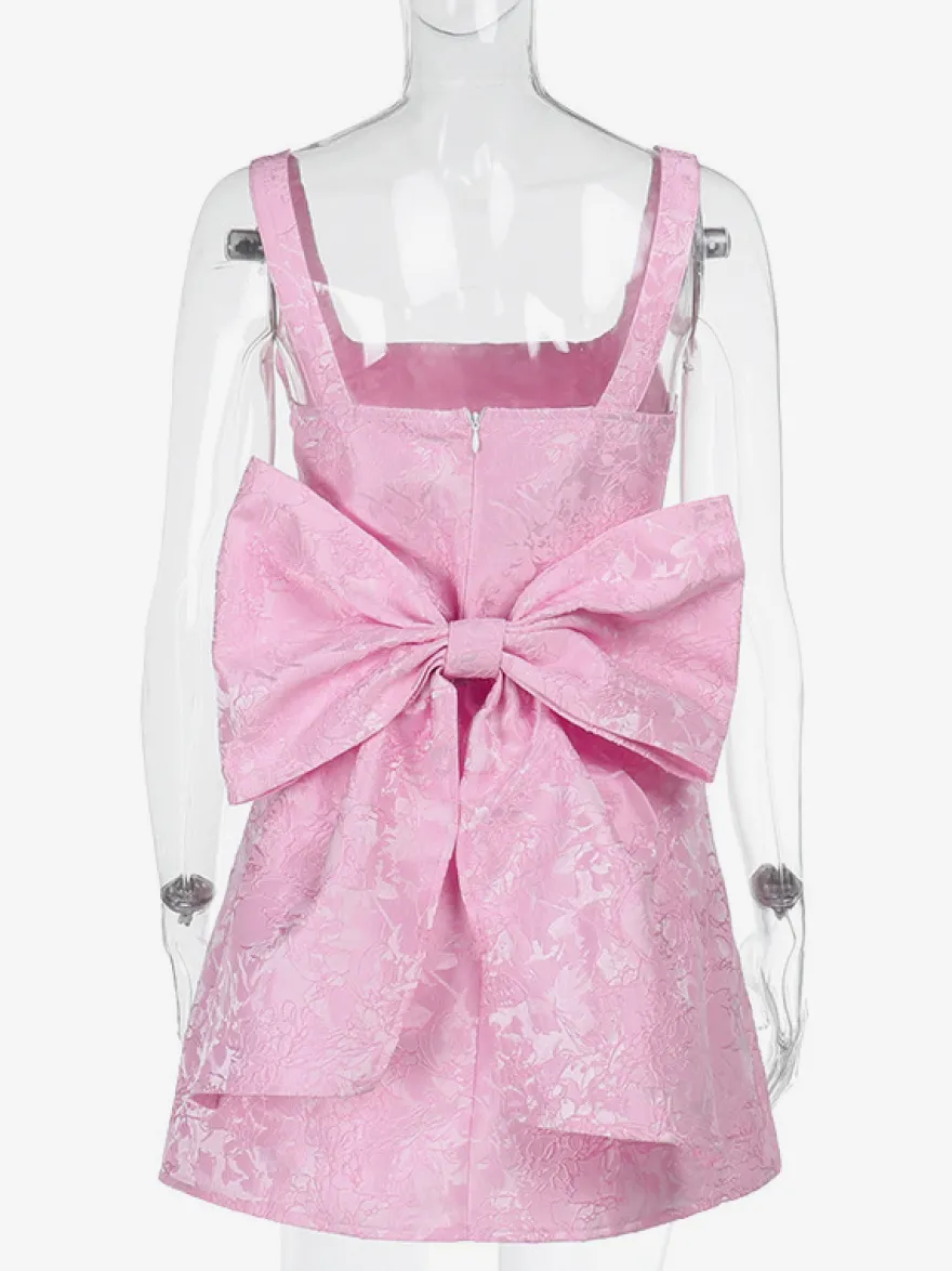 Robe mini Jacquard Coquette pour femme - Barbiecore avec grand nœud dans le dos sans manches coupe trapèze - Tenues de fête d'anniversaire d'été 2026