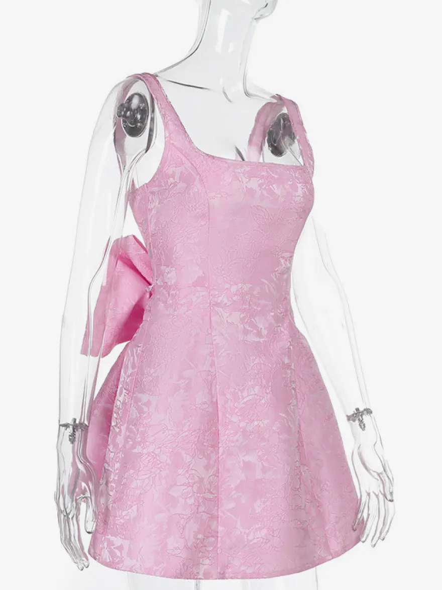 Robe mini Jacquard Coquette pour femme - Barbiecore avec grand nœud dans le dos sans manches coupe trapèze - Tenues de fête d'anniversaire d'été 2026