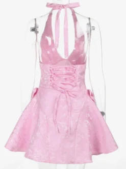 Robe mini jacquard dos nu à col halter pour femme - Robe patineuse trapèze dos nu avec grands nœuds - Fête d'anniversaire d'été 2026