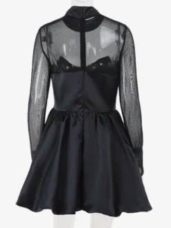 Robe mini à manches en résille pour femme - Noir élégant col montant bouffant style patineuse - Soirée cocktail printemps-été 2026