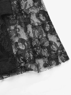Robe mini à manches longues et col blazer en dentelle florale patchwork bouton unique