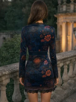 Robe mini moulante à manches longues col en V imprimé floral et bordure en dentelle en velours collection femme 2026
