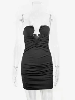 Robe mini moulante sexy à décolleté plongeant en V sans bretelles et froncée collection femme 2026