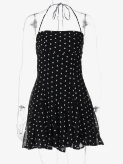 Robe mini pour femme sans manches dos nu taille haute noire chic