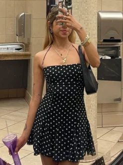 Robe mini pour femme sans manches dos nu taille haute noire chic