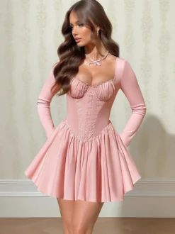 Robe mini rose trapèze style corset pour femme - Empiècements en dentelle Coquette manches longues - Fête d'anniversaire printanière 2026