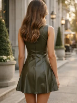 Robe mini sans manches en similicuir olive plissée et cintrée à l'évasement collection femme 2026