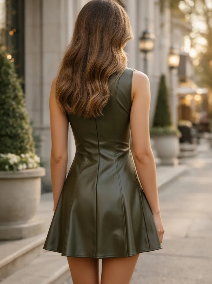 Robe mini sans manches en similicuir olive plissée et cintrée à l'évasement collection femme 2026