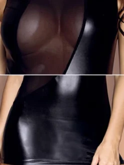 Robe mini sans manches en similicuir effet mouillé sans manches empiècements en résille moulante idéale pour les soirées.