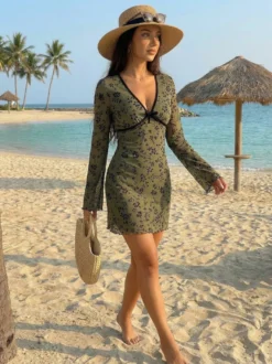 Robe mini vintage à col en V imprimé floral floqué manches évasées pour femme 2026