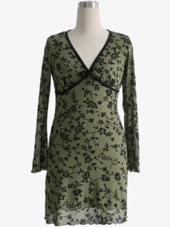 Robe mini vintage à col en V imprimé floral floqué manches évasées pour femme 2026
