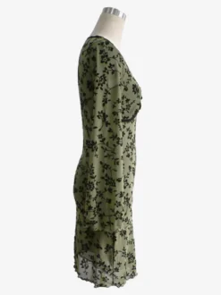 Robe mini vintage à col en V imprimé floral floqué manches évasées pour femme 2026
