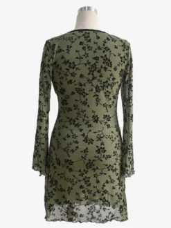 Robe mini vintage à col en V imprimé floral floqué manches évasées pour femme 2026