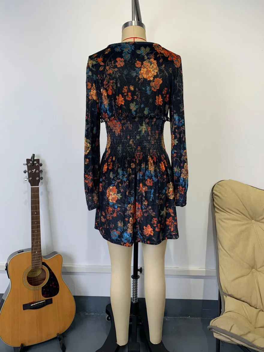 Robe mini vintage à imprimé floral taille smockée col en V et manches longues pour femme 2026