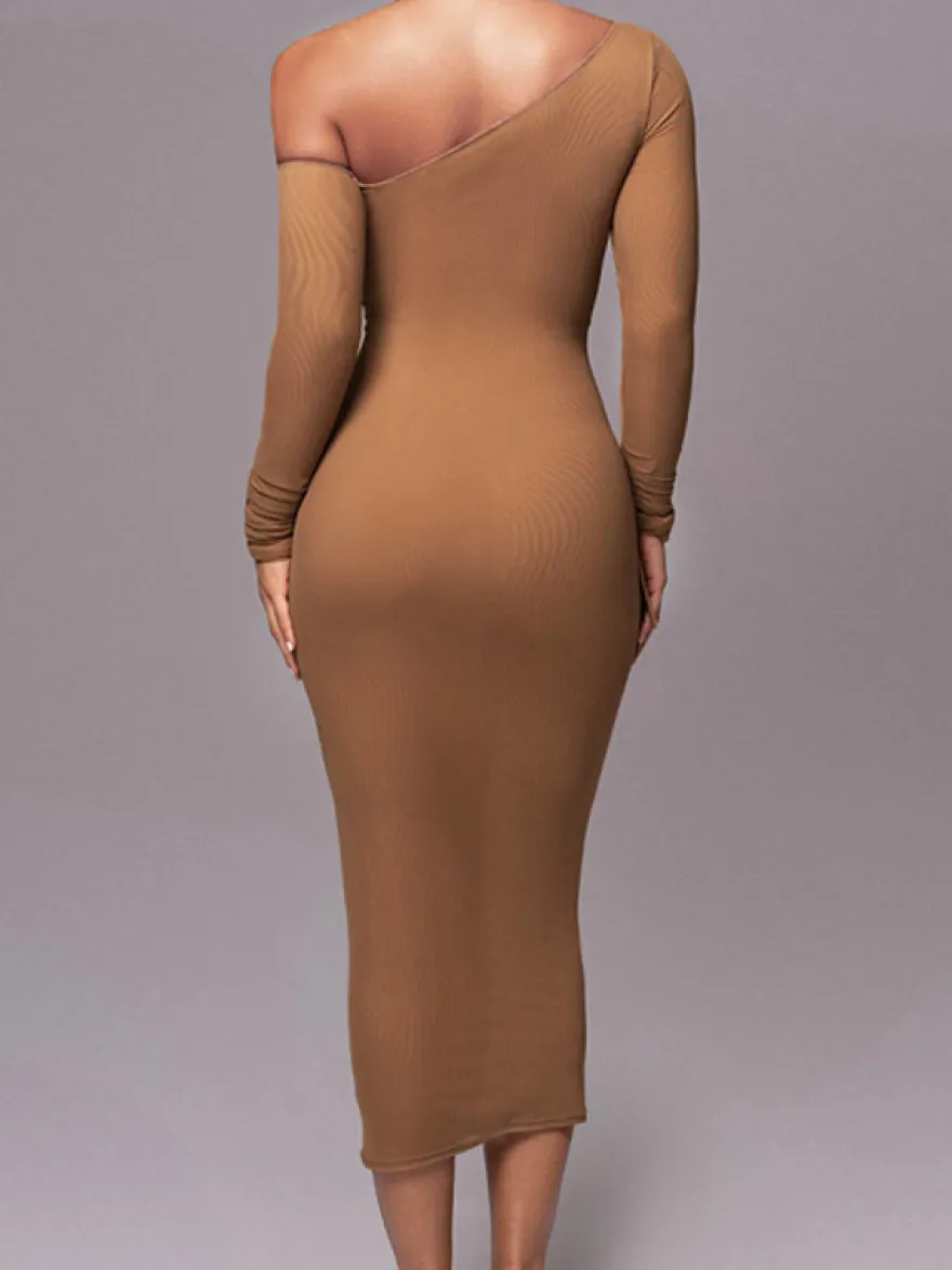 Robe moulante abricot bicolore manches longues plissée chic robe midi à une épaule robe fourreau