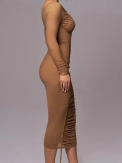 Robe moulante abricot bicolore manches longues plissée chic robe midi à une épaule robe fourreau