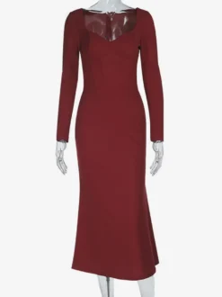 Robe moulante bordeaux élégante pour femme - Robe longue vintage à manches longues et taille corset - Robe de soirée printemps 2026