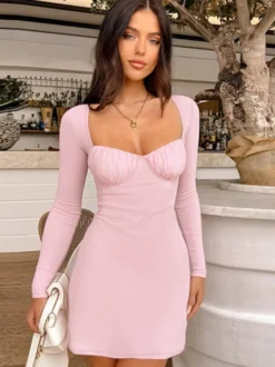 Robe moulante Coquette pour femme - Rose pastel manches longues buste froncé - Tenue idéale pour un brunch printanier ou une soirée en amoureux (collection 2026)