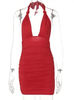 Robe Moulante Courte Femme avec Bretelles à Col Décolleté en V Coupe Cintrée Unicolore