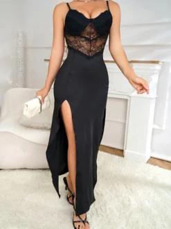 Robe moulante de soirée noire en dentelle à col V robe crayon sexy sans manches