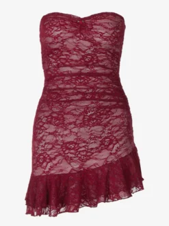 Robe moulante en dentelle bordeaux sans manches avec ourlet à volants mini robe de club sexy pour femmes 2026