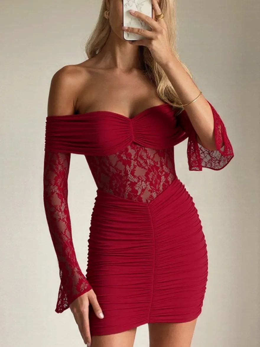 Robe moulante en dentelle patchwork pour femme - Robe mini sexy à épaules dénudées manches longues et froncée - Tenue de soirée printanière 2026