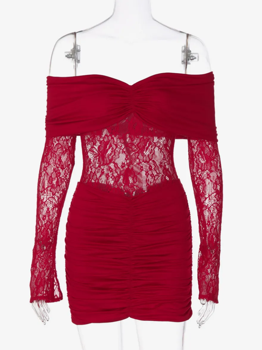 Robe moulante en dentelle patchwork pour femme - Robe mini sexy à épaules dénudées manches longues et froncée - Tenue de soirée printanière 2026