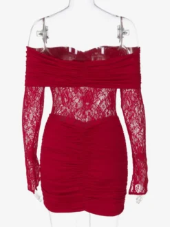 Robe moulante en dentelle patchwork pour femme - Robe mini sexy à épaules dénudées manches longues et froncée - Tenue de soirée printanière 2026