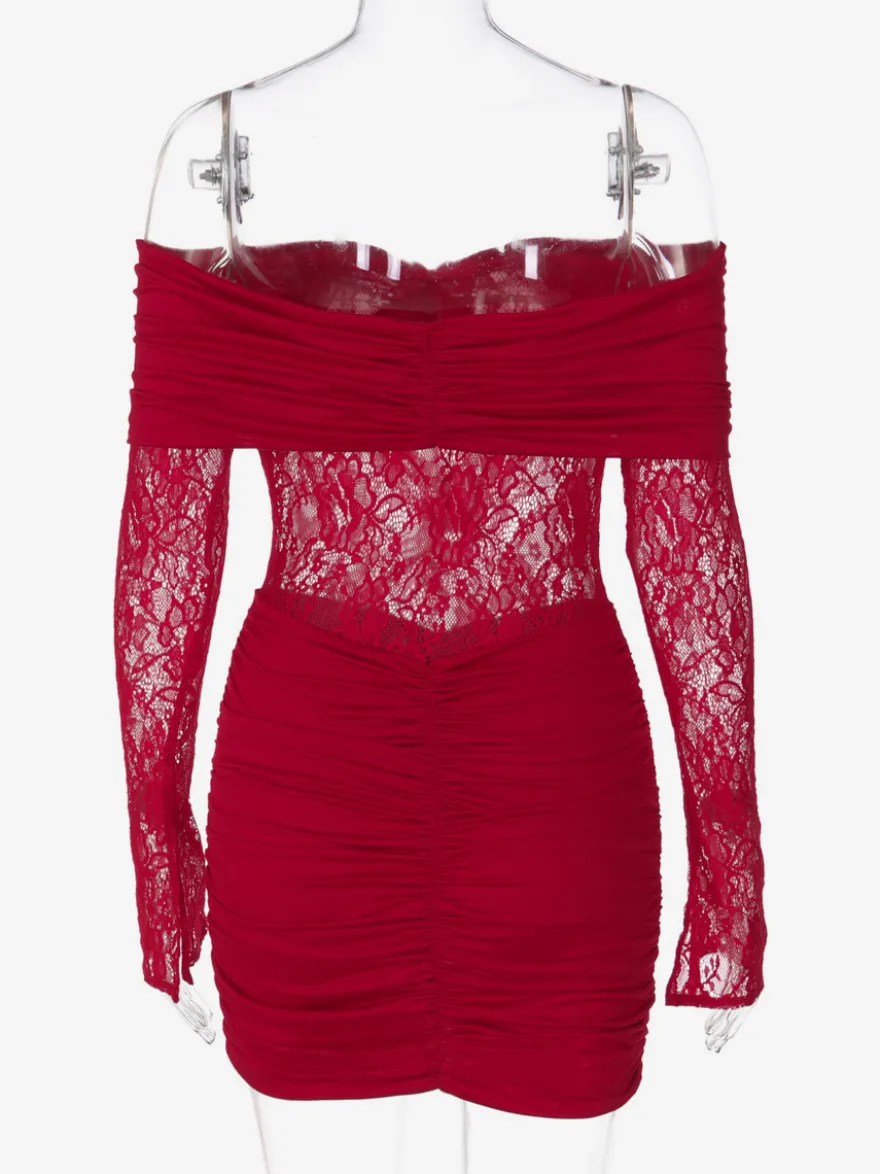 Robe moulante en dentelle patchwork pour femme - Robe mini sexy à épaules dénudées manches longues et froncée - Tenue de soirée printanière 2026