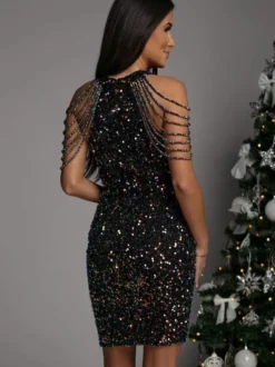 Robe Moulante en Paillettes avec Bretelles Coupe Cintrée Unicolore