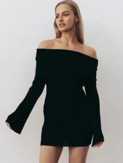 Robe moulante mini en maille côtelée à épaules dénudées pour femme 2026
