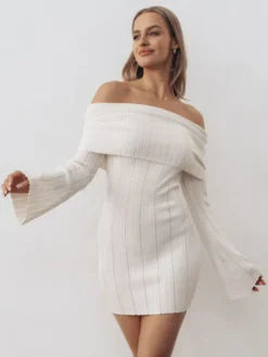 Robe moulante mini en maille côtelée à épaules dénudées pour femme 2026