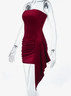Robe moulante mini en velours froncé pour femme - Rouge sans bretelles ceinture drapée sur le côté - Tenue de cocktail printemps-été 2026