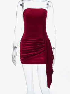 Robe moulante mini en velours froncé pour femme - Rouge sans bretelles ceinture drapée sur le côté - Tenue de cocktail printemps-été 2026