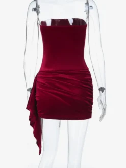Robe moulante mini en velours froncé pour femme - Rouge sans bretelles ceinture drapée sur le côté - Tenue de cocktail printemps-été 2026