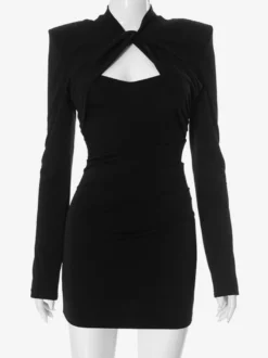 Robe moulante noire à découpes et manches longues épaules rembourrées pour femme 2026