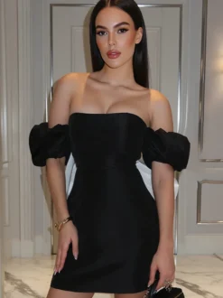 Robe moulante noire mini pour femme - Dos nu blanc avec nœud et traîne - Robe de soirée d'anniversaire sexy sans bretelles pour l'été 2026